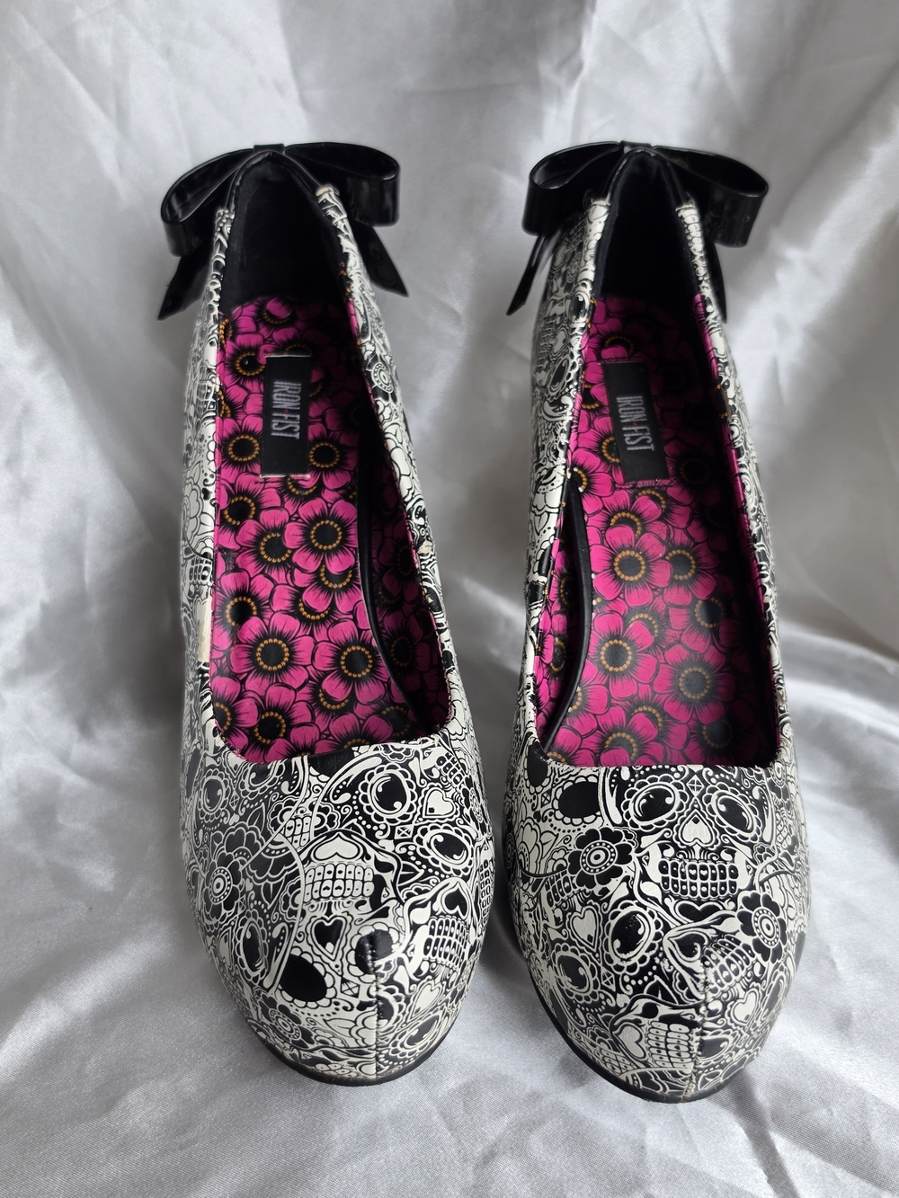 Iron Fist | Black & White Sugar Skull Heels with Hot Pink Floral Insole